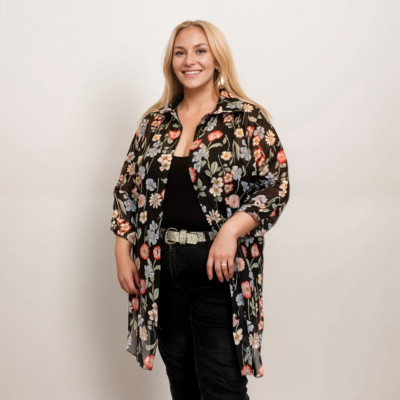 DAMEN BLUSE DAMEN SHIRT ÜBERGRÖSSE SCHWARZ BLAU GEBLÜMT OBERTEIL LANGE LÄNGE