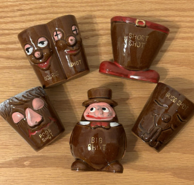  What'll Ya Have  5 Ceramic Shot Glasses Jiggers Vintage Japan Barware Decor