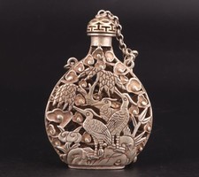Chinese Tibetan Silver handcarved hollowed out crane Pendant snuff bottle f604