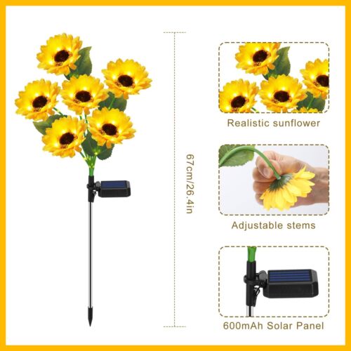 6 Kopf 2 Packungen Kopf Solar Sonnenblume Außenleuchte IP65 Wasserdicht Weg Hof - Bild 1 von 8