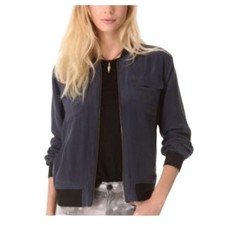 Equipment Femme 100% Silk Navy Blue Bomber Jacket W .black Collar & Cuffs Small