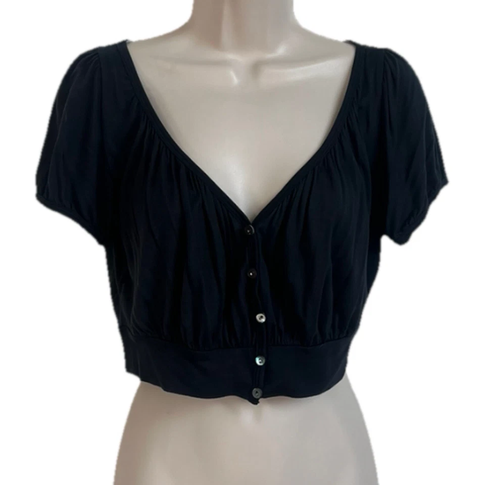 Express Short Sleeve Cropped Cardigan Lightweight All Seasons Button Down Black 