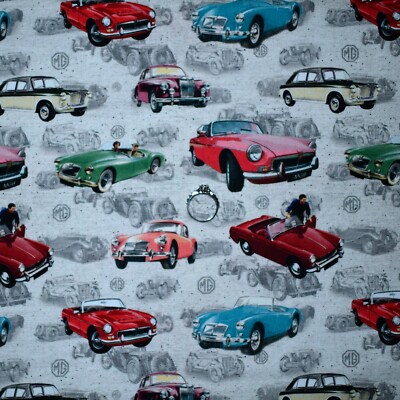BonEFul Fabric FQ Cotton Quilt White Red Blue B&W VTG MC Classic Antique Car Men