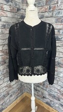 Scully Genuine Suede Leather Crochet Jacket Cardigan Size Us 8 Uk 12 Black