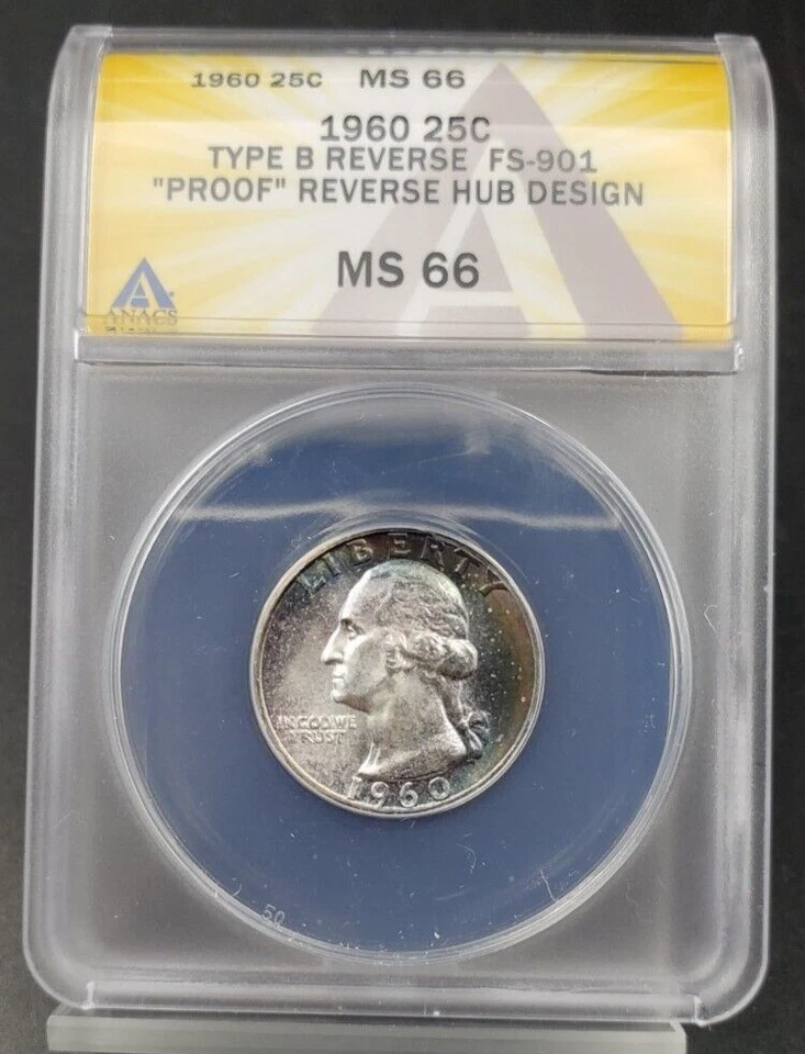 1960 P Washington Quarter 25c ANACS MS66 Type B Proof die Reverse FS-901 Variety - Image 2 of 4