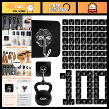 100 Pack Heavy Duty Adhesive Wall Hooks - 50LB Capacity, Black Sticky Hooks
