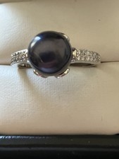 VINTAGE 925 STERLING SILVER DARK PEARL RING PAV'E CZ BAND SIZE 10