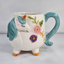 Boston Warehouse Unicorn Mug Teal Mane Floral 3D Sculpted Ceramic Footed 16oz