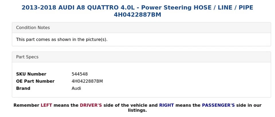 2013-2018 奥迪 A8 四轮车 4.0L - 动力转向软管/线/管 4H0422887BM — 第 4/4 张图片