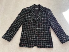 CHANEL Black Blazer Classic White  Red Tweed Braided Crystal Buttons Size FR50