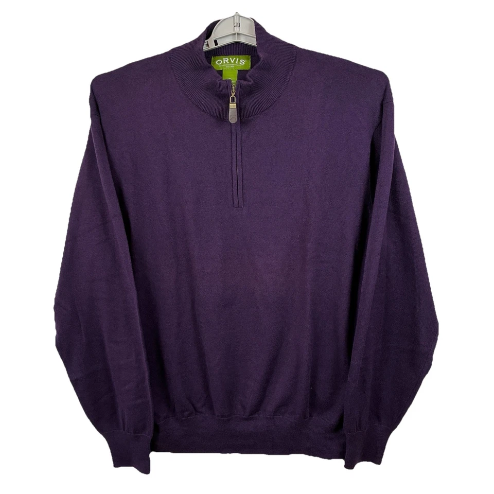 Suéter Orvis Para Hombres XL Púrpura 1/4 Cremallera Algodón Seda Cachemira Cuero Tirador Foto 2 de 4