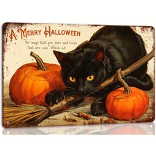 Tin Metal Sign An ancient black cat and pumpkin Halloween painting 8x12