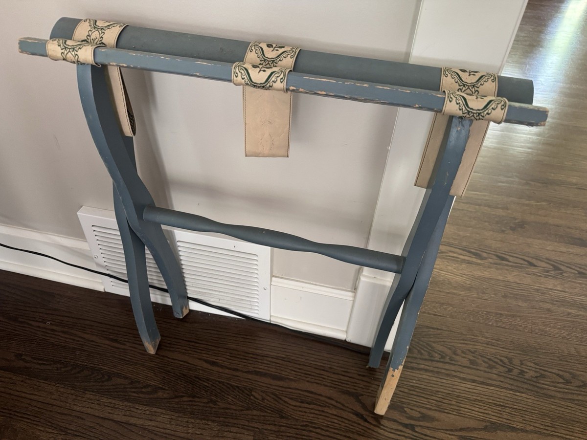 Vintage Blue Scheibe Wood Luggage Folding Rack Stand Tapestry