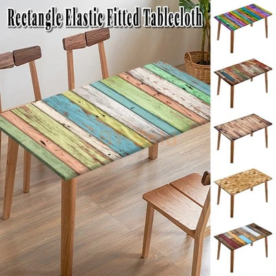 Wasserdicht Elastisch Passende Tischdecke Rechteckig Holzdruck Tisch Abdeckung Schutz - Bild 1 von 4