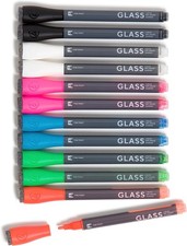 Fine Tip Liquid Glass Markers w/ Eraser for Dry Erase Chalk Boards, 12 Set