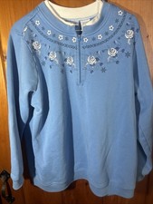 Vintage Blair Sweatshirt 1/4 Zip XL Blue Fleece Pullover Flower Embroidered EUC