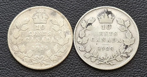 1928 & 1929 Canada Silver 10 Cent Dimes - King George V