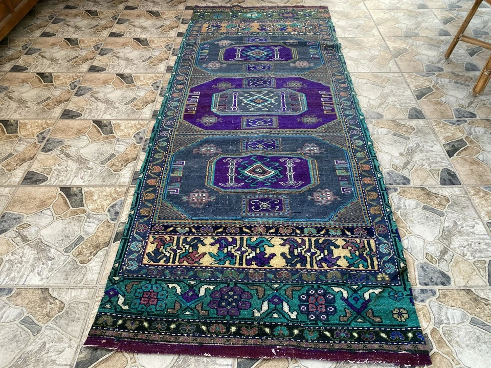 Alfombra tribal Oushak de lana hecha a mano turca vintage de los años 70 3,3 × 8,2 Foto 4 de 4