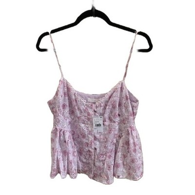 Lush Lilac Floral Eyelet Peplum Button Front Cottagecore Cami Top NWT Size L