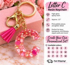 Letter C Resin Keychain Pink Rose Gold Pebble Glitter Tassel Initial Dangle