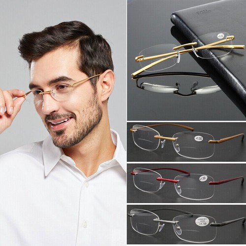 Mens Rimless Bifocal Reading Glasses Metal Readers Rectangle 1.0 1.5 2.0 2.5 3.0
