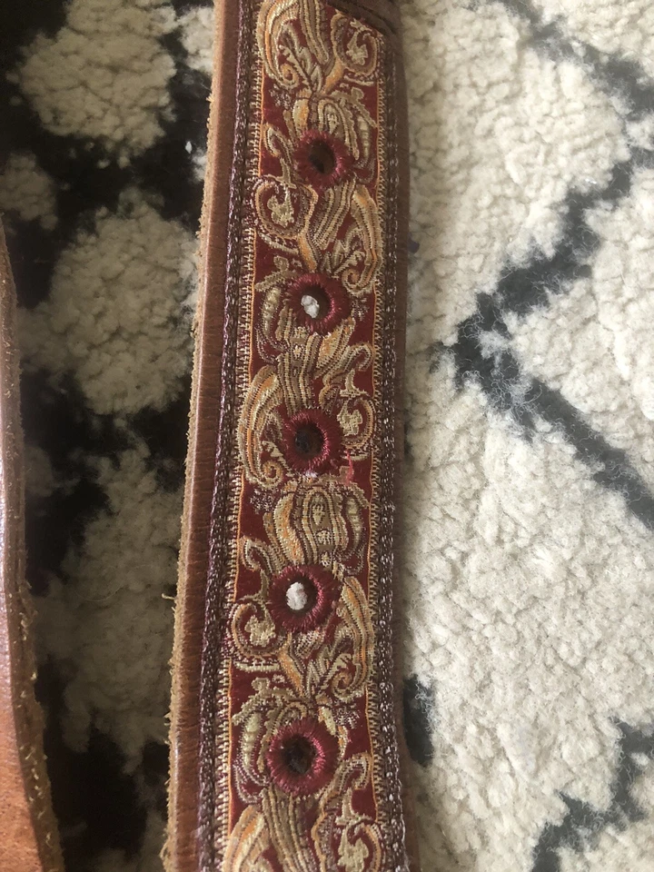 "Cinturón Lucky Brand talla 32"" tela de cuero marrón incrustación de cachemira hebilla de latón de colección" Foto 3 de 4