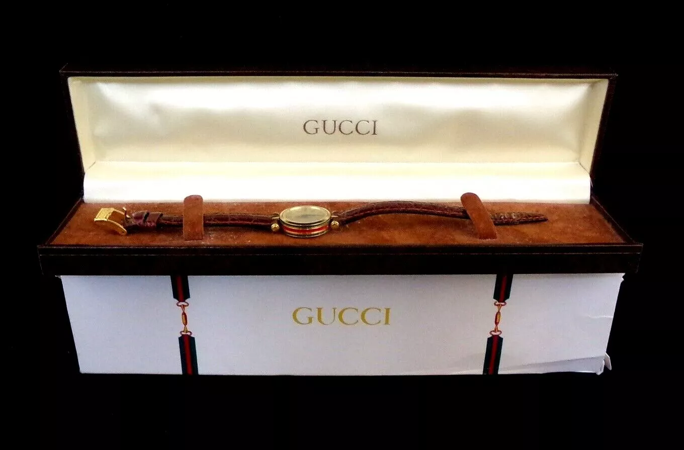 Authentique montre bracelet GUCCI vintage femme quartz or rouge vert boîte 