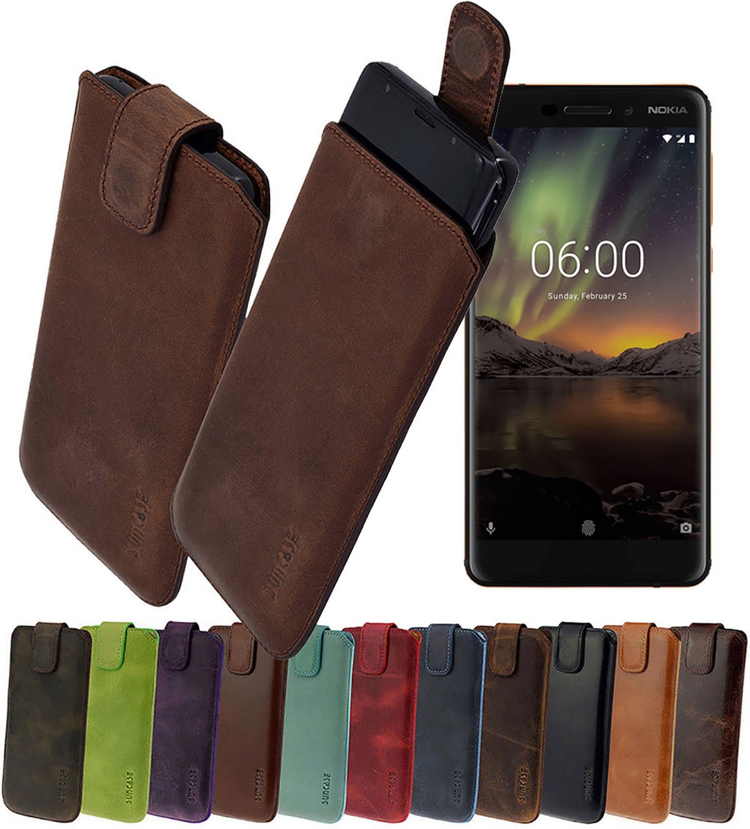 Étui En Cuir Véritable Suncase Pour IPhone 16 (6,1") - Ultra Fin, Languette D'extraction, Couleur Cognac Brûlé, Fabriqué à La Main - 6