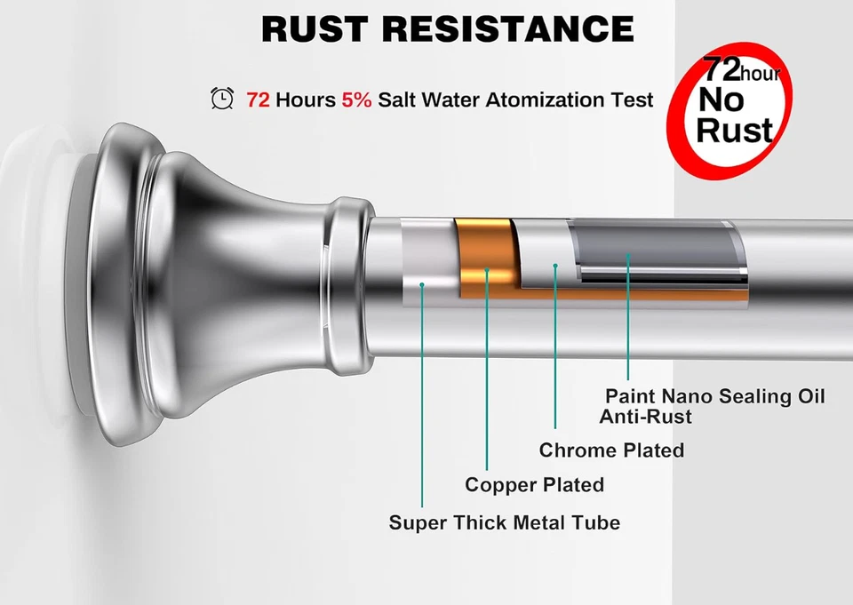 Adjustable Tension Rod Chrome Shower Curtain Rods, 43-72 In, Rust Resistance, - Image 2 of 4