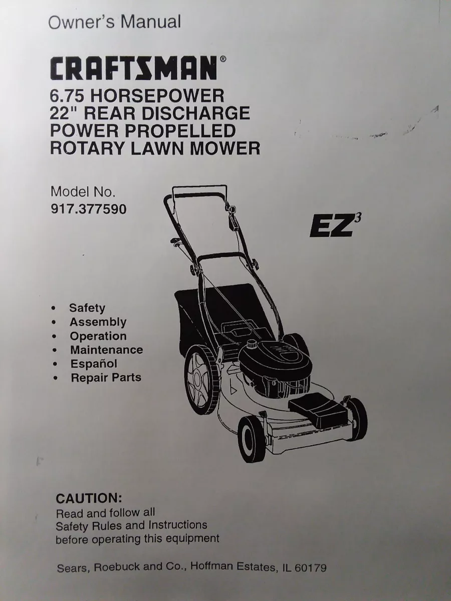 Craftsman Sears 6.75hp 22 Walk Behind Lawn Mower Owner Parts Manual 917.377590