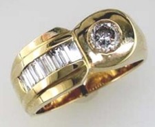 1.25CT DIAMOND 14KT YELLOW GOLD 3D ROUND  BAGUETTE SOLITAIRE CHANNEL MENS RING