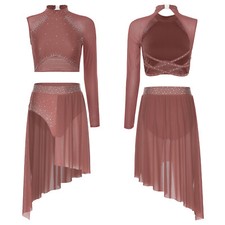 Women Dancewear Rhinestone Costume Ballet Outfit Modern Top With Skirts 2pcs
