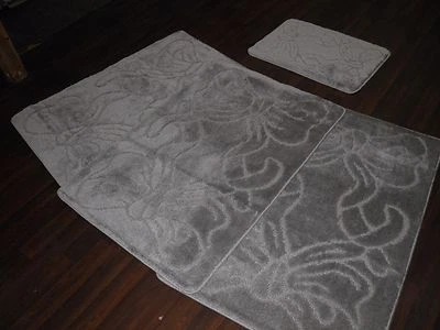 RUGWORLD SET TAPPETINI DA VIAGGIO LAVABILI ROMANI ANTISCIVOLO FIOCCHI DESIGN SUPER SPESSI ARGENTO/GRIGIO