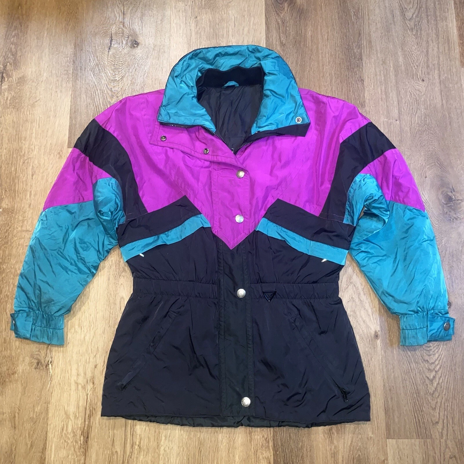 Vintage Ski Jacket Womens Large Snow Parka Coat Insulated Retro Colorblock 1980s