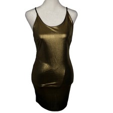 Metallic Gold Thin Crisscross Straps in Back Mini Dress Women Sz S Elegant 47-18
