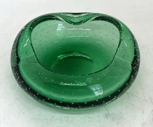 Murano Vintage Art Glass Ashtray Green Bowl Controlled Bubbles Bullicante