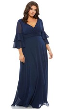 Mac Duggal Navy Blue Ruffle Pleated Bell Sleeve Chiffon Gown Size 18W $398