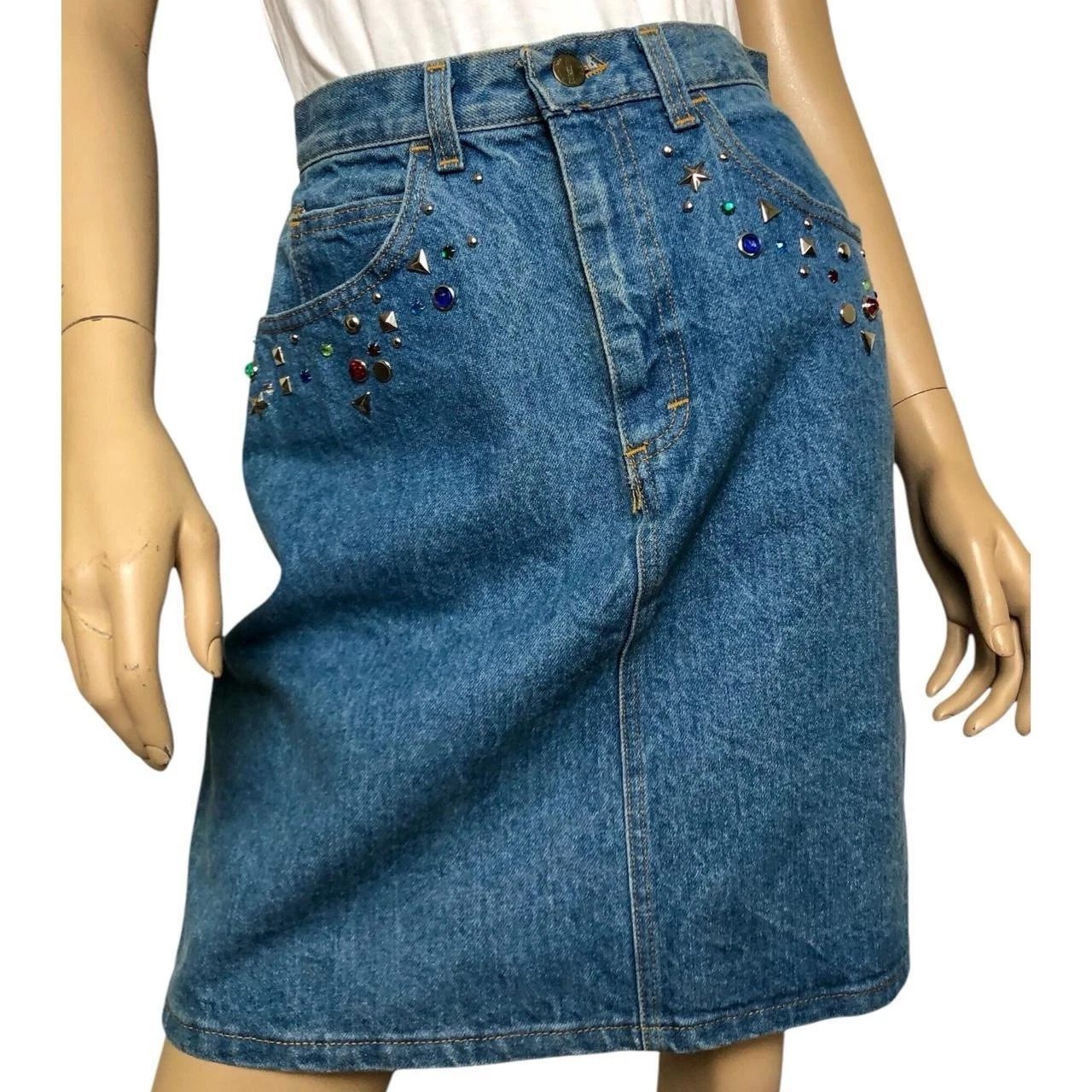 80’s Palmetto’s Light Wash Denim Bedazzled Pencil Skirt Size 11 Medium