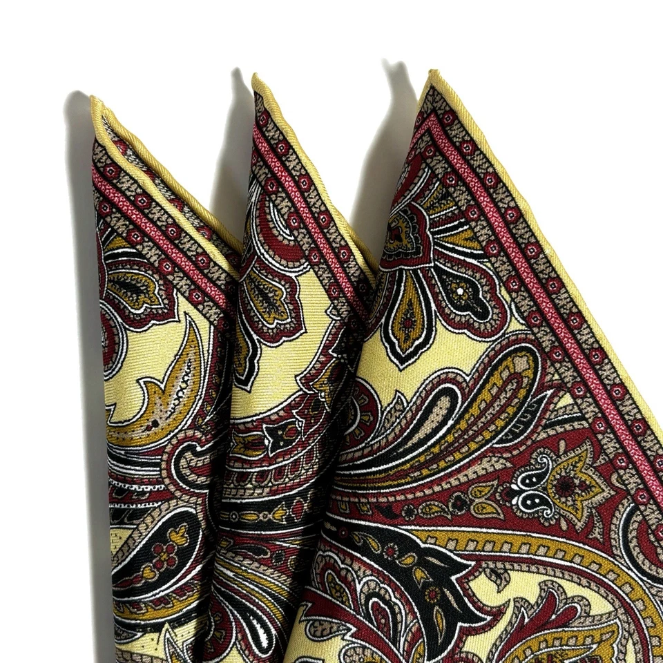 Pañuelo de bolsillo de seda cachemira amarillo crema y borgoña (hecho a mano en Inglaterra) Foto 2 de 4