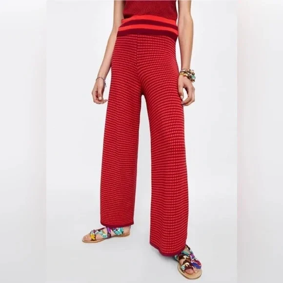 Zara Tejido Cintura Alta Dos Tonos Elástico Acampanado Pierna Talla Pequeña Rojo Púrpura Retro Foto 2 de 4