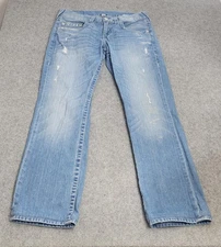 True Religion Jeans Mens 32 Blue Light Wash Straight No Flap Natural Distressed