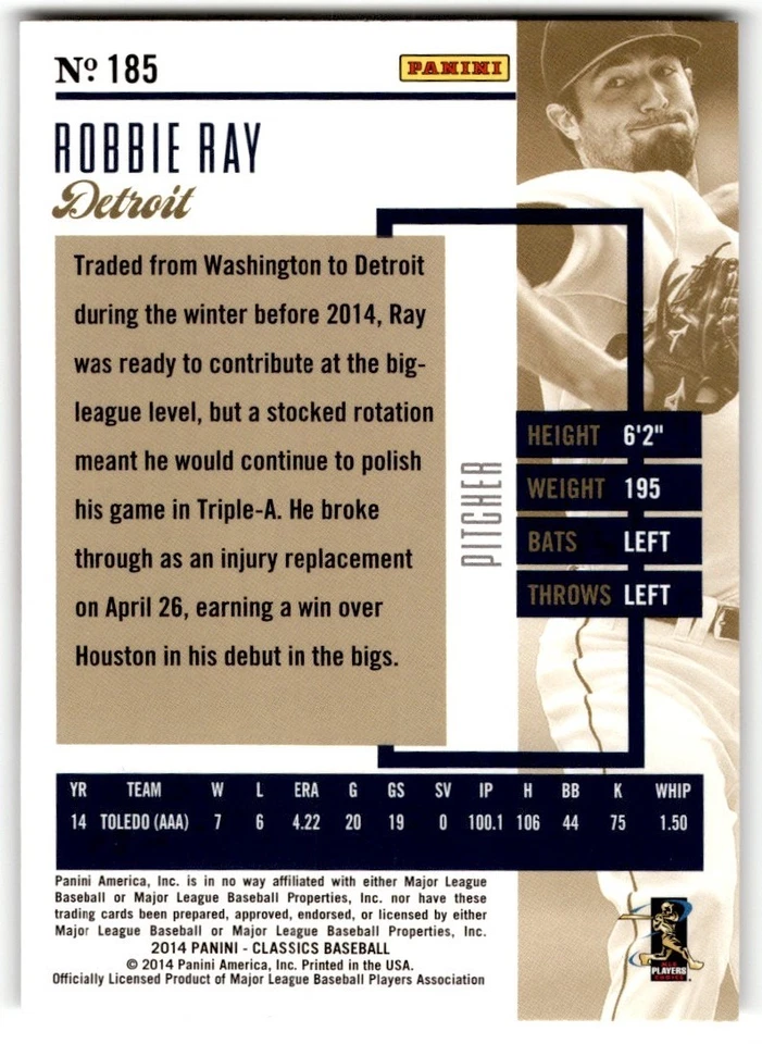 Robbie Ray 2014 Panini Classics Rookie #185 Detroit Tigers - Image 2 of 2