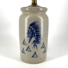 Vintage Rowe Pottery Lamp American Indian Headdress Stoneware Salt Glaze 1993