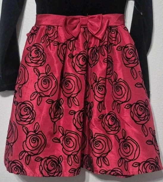 George Girls Black Velour Red Satin Rose Sleeve Flocked Christmas Dress Size 8 - Image 4 of 4