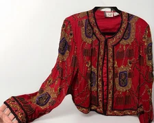 Vtg 80s 90s Laurence Kazar Silk Beaded Jacket Top Tassel Cord Evening Petite XXL