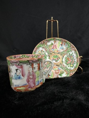 Set di piattini antico tazza mezza tazza medaglione rosa dinastia cinese Qing famiglia - Foto 10 di 10