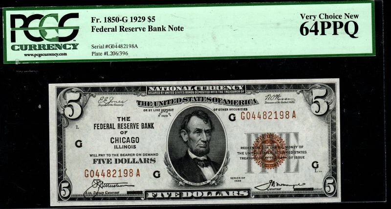 1929 $5 Federal Reserve Bank Note Chicago  FR.1850-G PCGS 64 PPQ G04482198A - Image 4 of 4