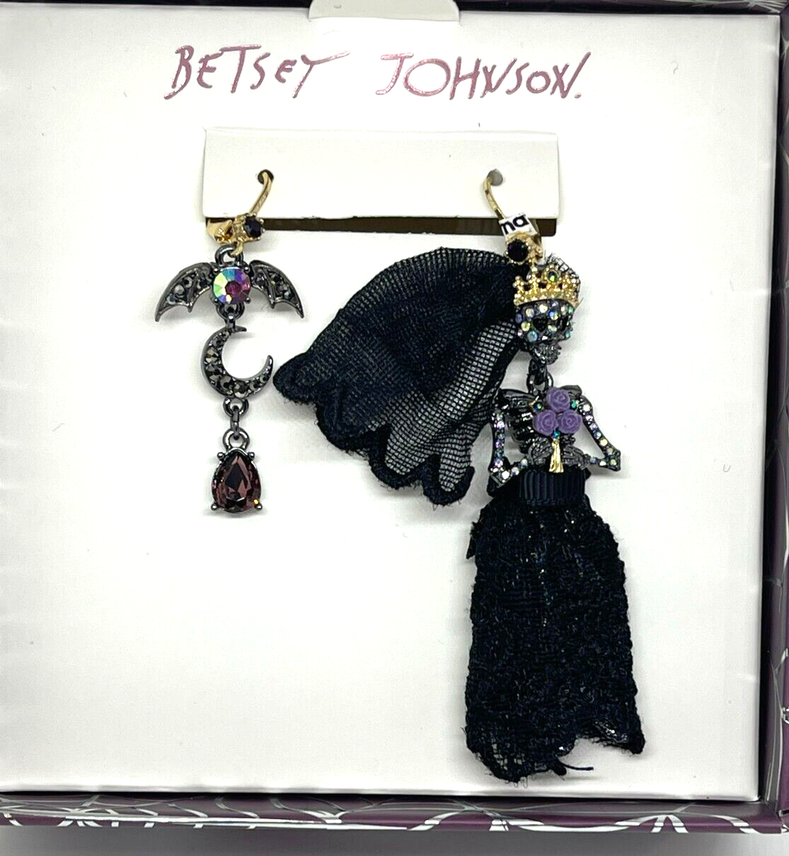 Betsey Johnson Skeleton Bride Bat Mismatch Earrings
