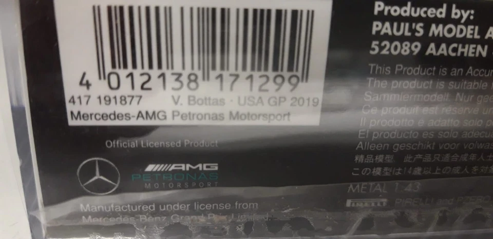 Minichamps Mercedes W10 #77 Valtteri Bottas winner USA GP 2019 1/43 417191877 - Immagine 3 di 3