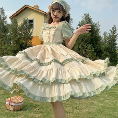 Japanese Summer Kawaii Women Lolita Mori Girl Ruffled Op Short-sleeved Dress